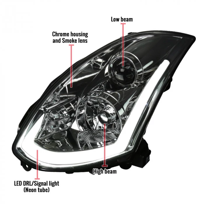 Spec-D - Chrome/Smoke Sequential LED DRL Bar Projector Headlights