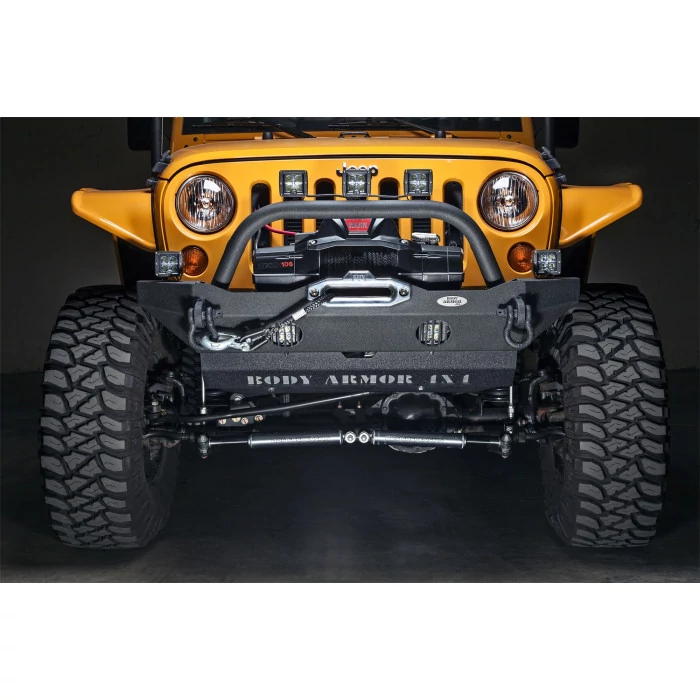 Body Armor - Mid Width Black Front Winch Bumper with Hoop