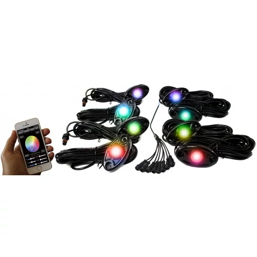 Race Sport® - 8 LED Glow Pod Black Kit with Brain Box IP68 12V with All Hardware